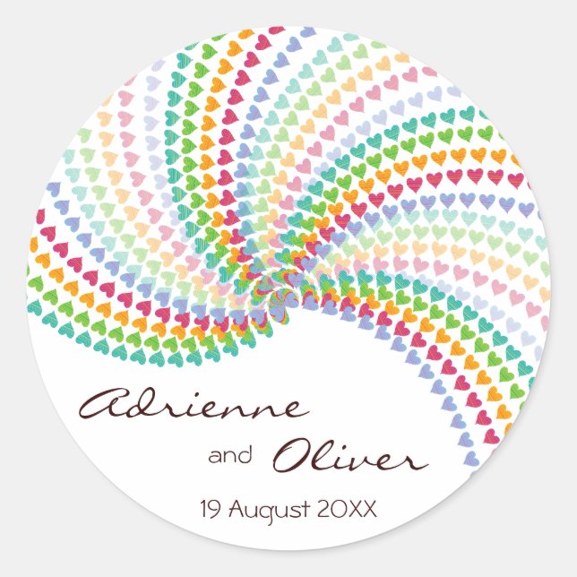 Rond Sticker Mariage Whimsical Rainbow Hearts (Devant)