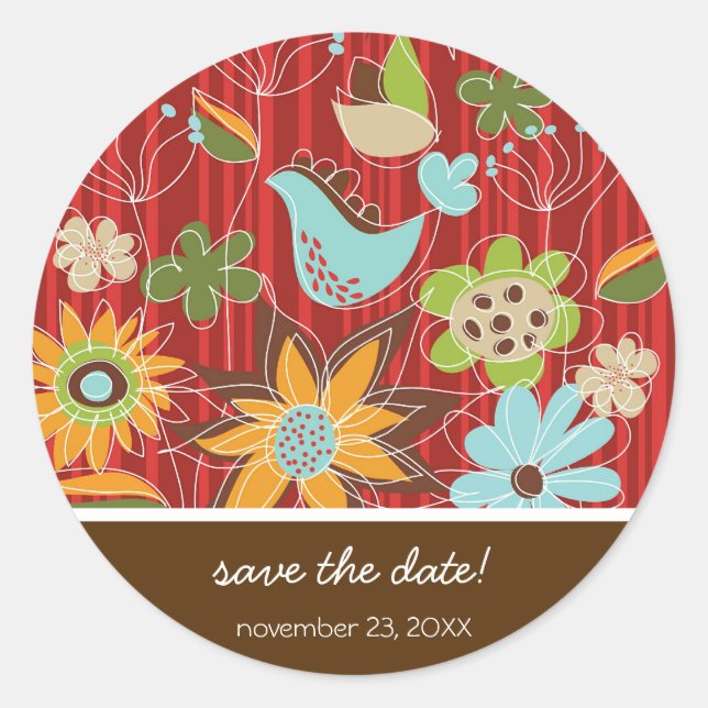Rond Sticker Mariage Whimsical Red Floral Garden (Devant)