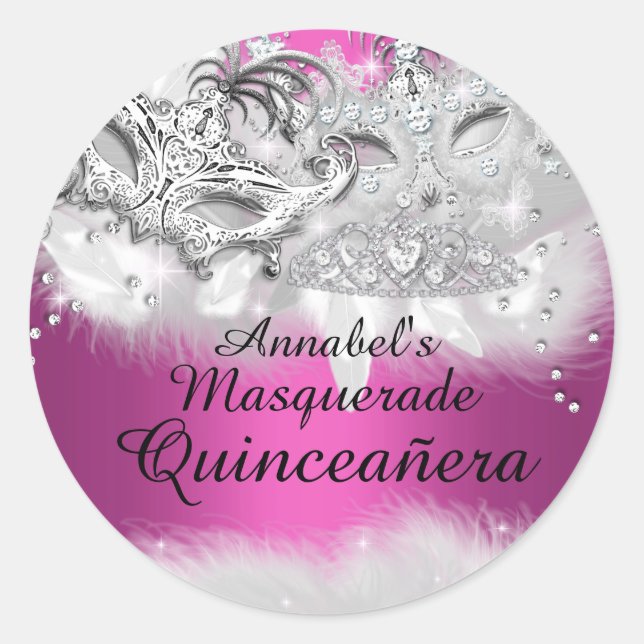 Rond Sticker Masquerade Quinceanera Hot Pink (Devant)