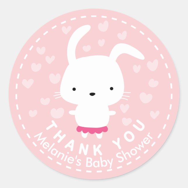 Rond Sticker Merci Baby shower rose Kawaii Bunny (Devant)