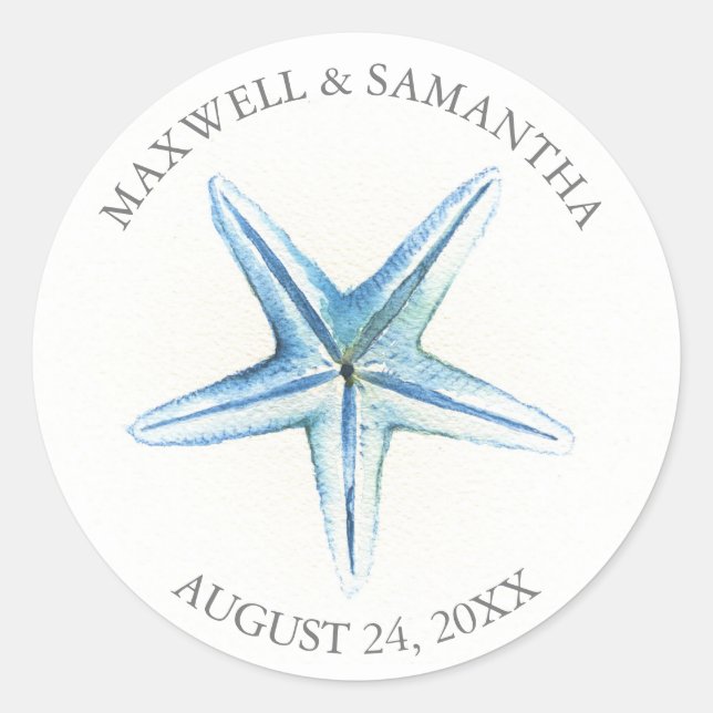Rond Sticker Merci Blue Starfish Beach Mariage (Devant)