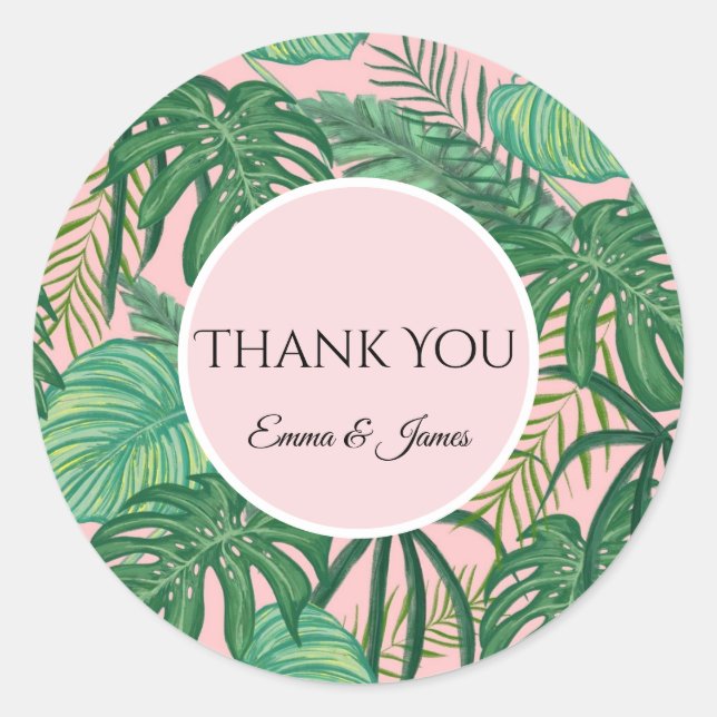 Rond Sticker Merci Feuille Tropical Aquarelle (Devant)