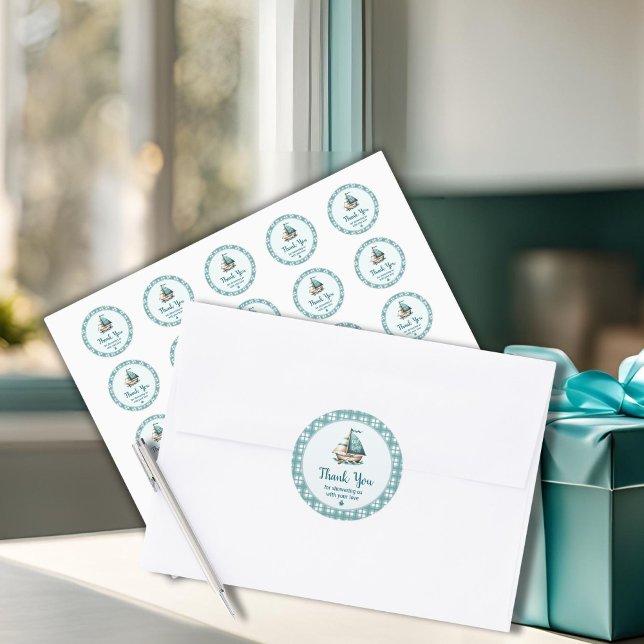 Rond Sticker Merci nautique ("Oh, Baby" Thank You Sticker for Party Favors or Gifts, Nautical Baby Shower)
