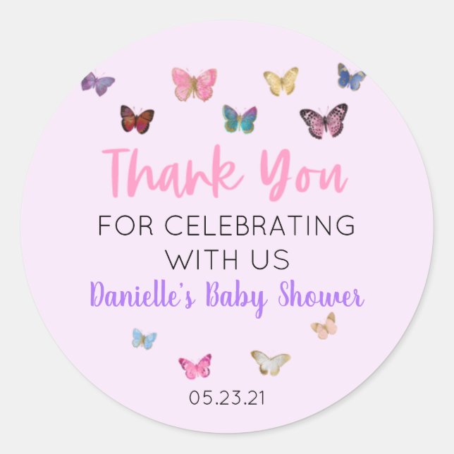 Rond Sticker Merci Papillon rose Favoriser Baby shower (Devant)
