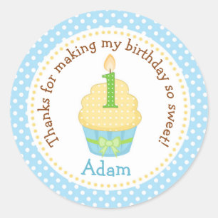 Rond Sticker Merci pour garçon 1er anniversaire (Cupcak