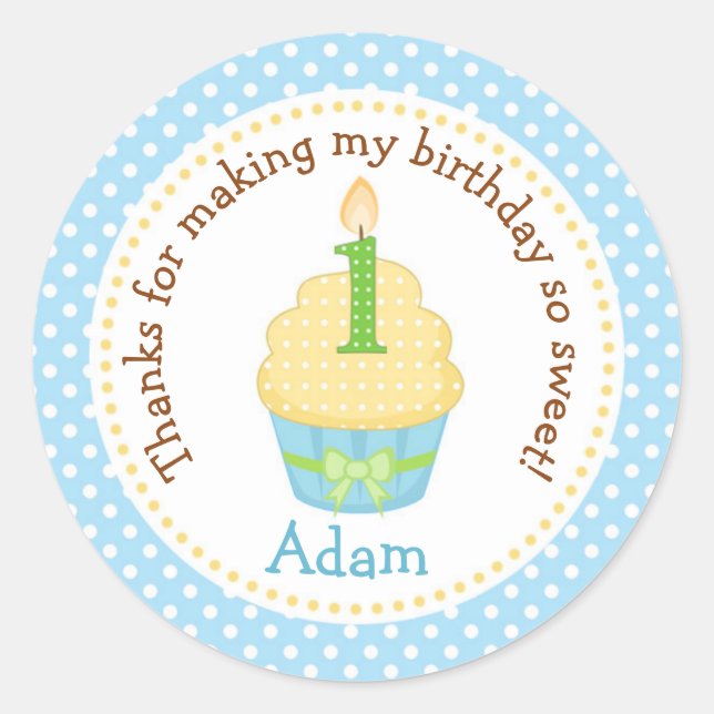 Rond Sticker Merci pour garçon 1er anniversaire (Cupcak (Devant)