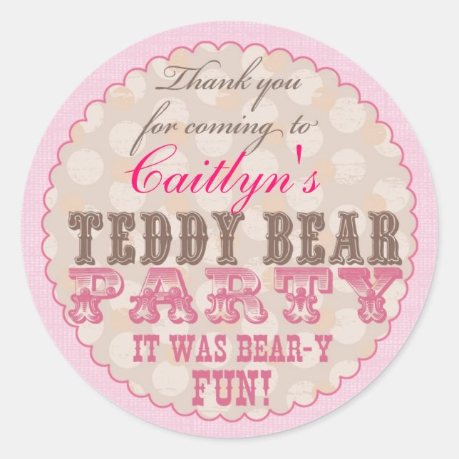 Rond Sticker Merci Teddy Bear Party - rose (Devant)