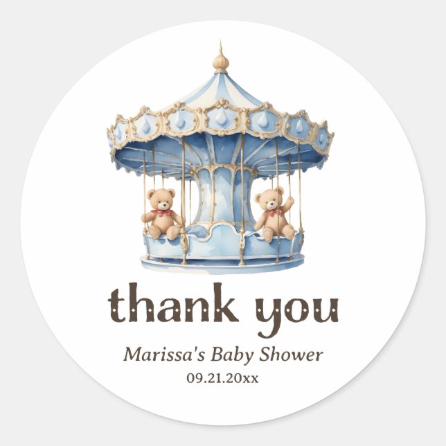 Rond Sticker Merci Teddy Bear Twin Boy Baby shower (Devant)