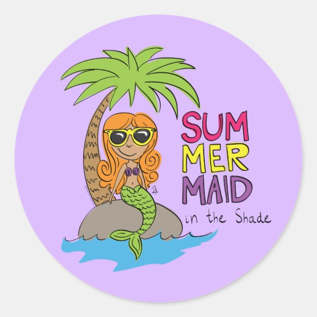 Rond Sticker mignon de sirène d'été violet (Devant)