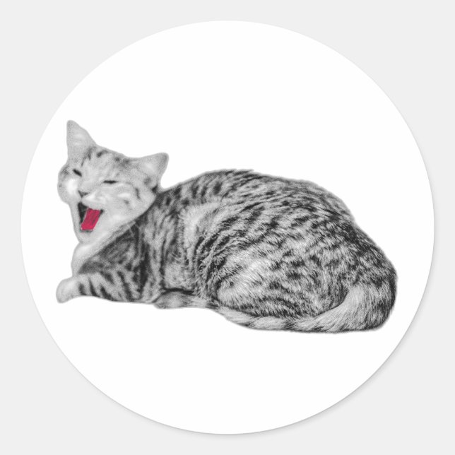 Rond Sticker Monochrome Tabby Chat de Yawning avec Tong (Devant)
