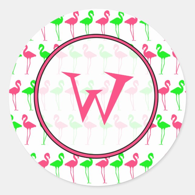 Rond Sticker Monogram Flamant rose - Motif rose et vert (Devant)