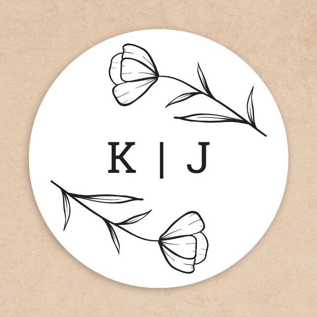 Rond Sticker Monogram Mariage fleur sauvage (Wildflower Monogram Sticker by Fiesta Valley Print)