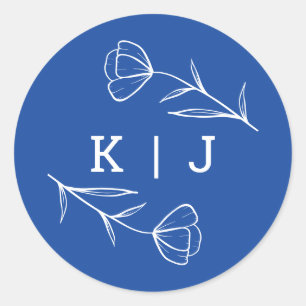 Rond Sticker Monogram Mariage fleur sauvage à Cobalt