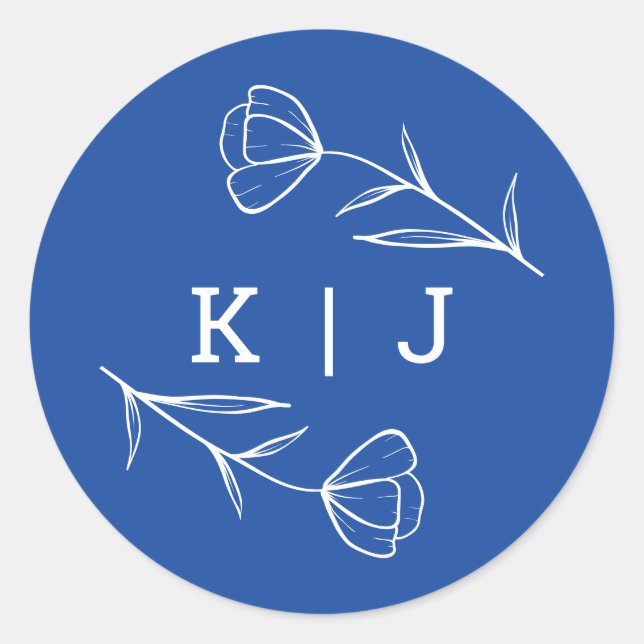 Rond Sticker Monogram Mariage fleur sauvage à Cobalt (Devant)