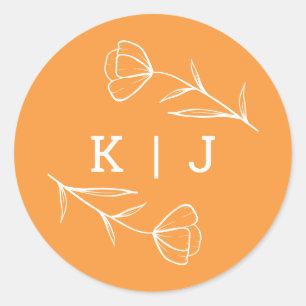 Rond Sticker Monogram Mariage fleur sauvage en Orange