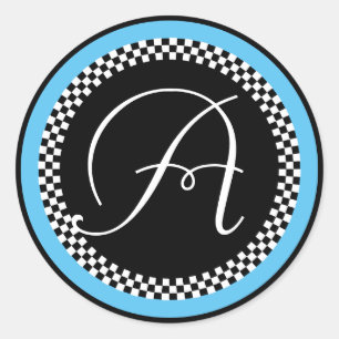 Rond Sticker Monogramme avec bordure bleue en tableau d