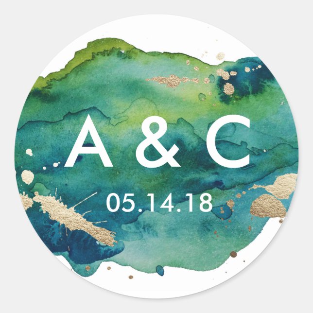 Rond Sticker Monogramme Blue Green et Gold Splatter (Devant)