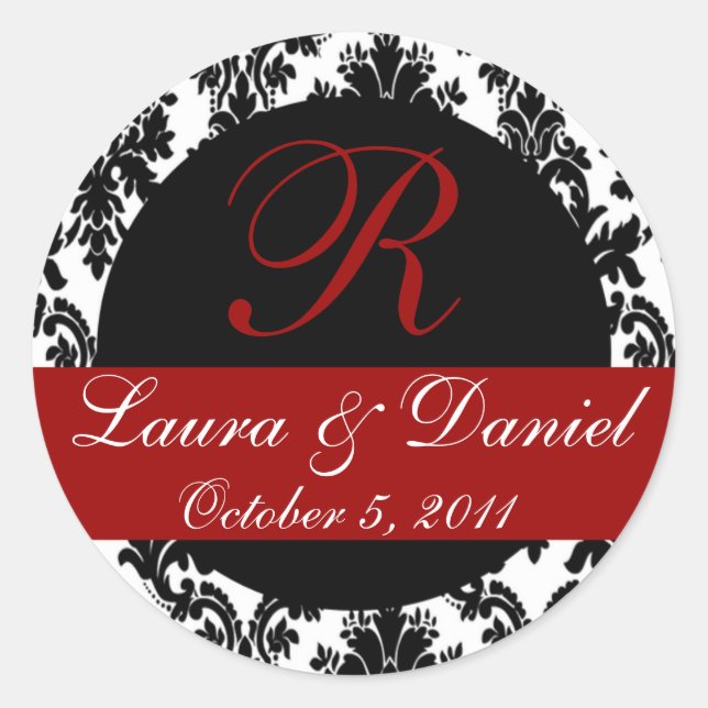 Rond Sticker Monogramme Damask (noir/rouge) (Devant)