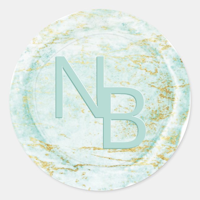 Rond Sticker Monogramme de cire de marbre moderne Aqua (Devant)