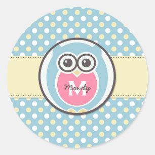 Rond Sticker Monogramme de dessin de la Chouette jaune 