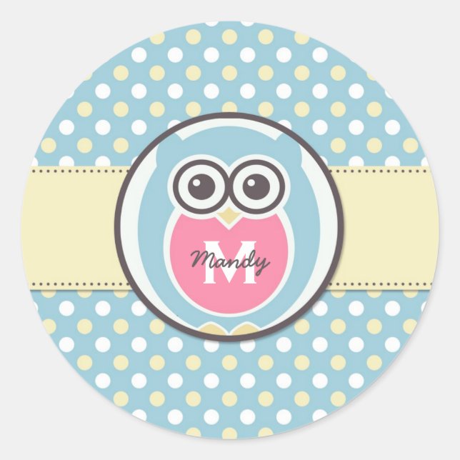 Rond Sticker Monogramme de dessin de la Chouette jaune  (Devant)