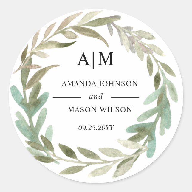 Rond Sticker Monogramme Mariage de feuillage vert aquar (Devant)