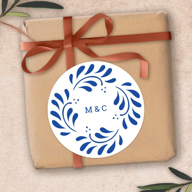 Rond Sticker Monogramme Mariage mexicain bleu Puebla (Puebla Style Blue Mexican Wedding Monogram Sticker)