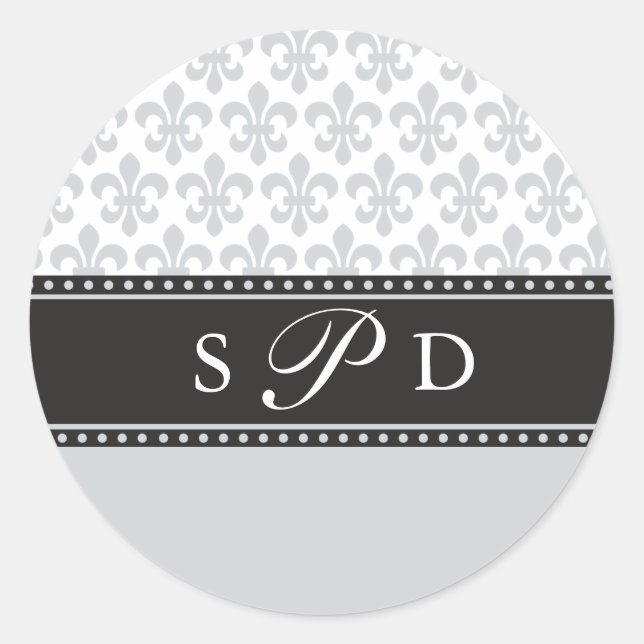 Rond Sticker Monogramme Mariage Silver Grey Fleur de li (Devant)