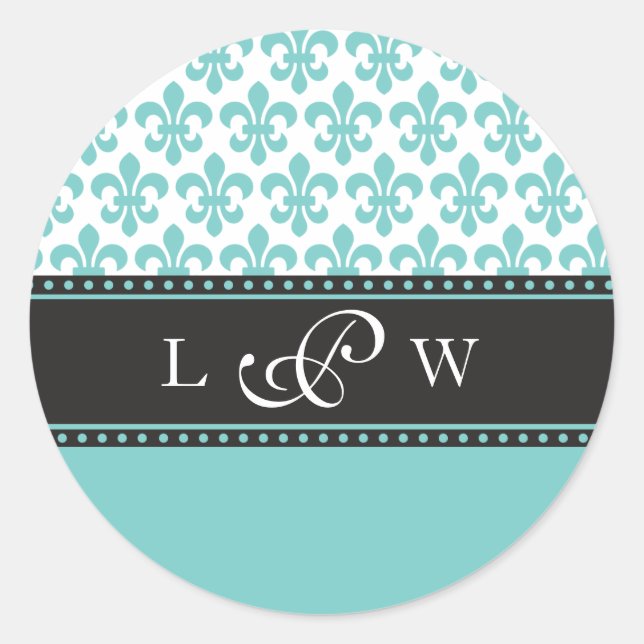 Rond Sticker Monogramme Mariage turquoise Fleur de lis (Devant)
