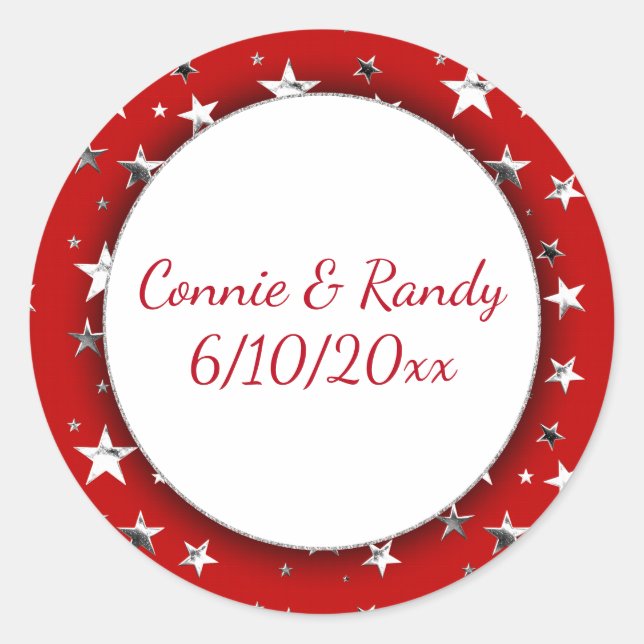 Rond Sticker Monogramme rouge avec étoiles d'argent (Devant)