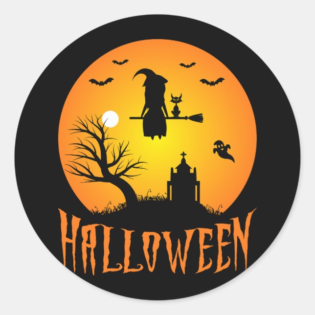 Rond Sticker nocturne Silhouette Halloween Witch (Devant)