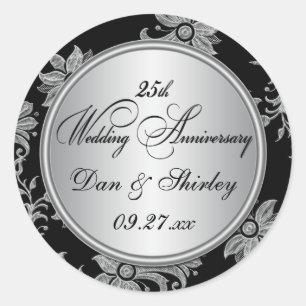 Rond Sticker noir, argent 25ème Mariage Anniversaire