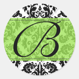 Rond Sticker noir, blanc n Lime Fleur de Lis Damask