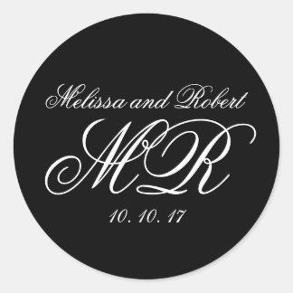 Rond Sticker Noir Blanc Script Monogrammes Mariage Favo