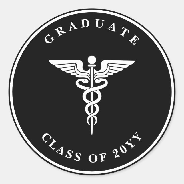 Rond Sticker noir de graduation Caduceus de texte perso (Devant)