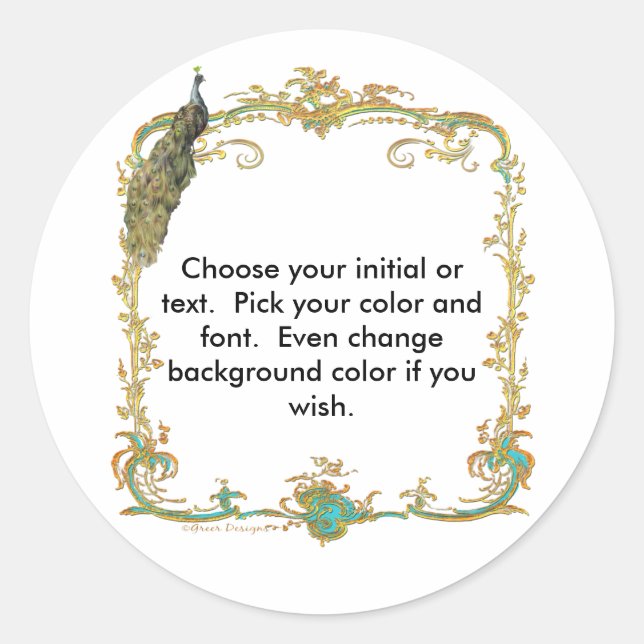 Rond Sticker Peacock avec cadre or "Save the Date" (Devant)