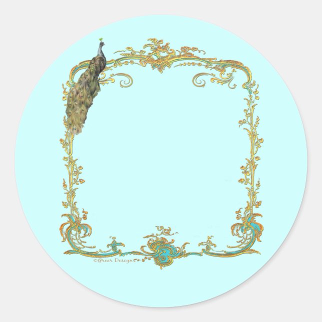Rond Sticker Peacock avec cadre or "Save the Date" (Devant)