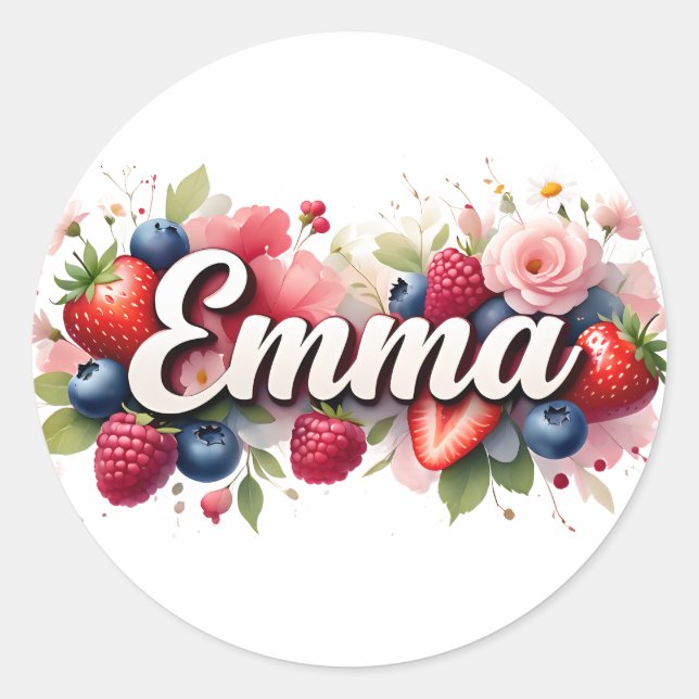 Rond Sticker personnalisé "Emma" Berry Floral Design (Devant)