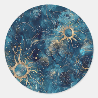 Rond Sticker personnalisé Nebula Abstrait bleu et or