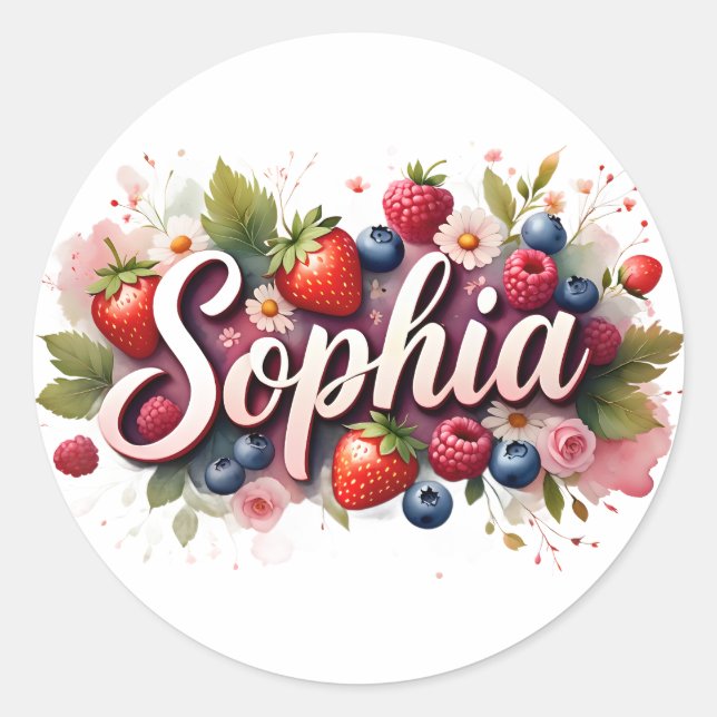Rond Sticker personnalisé "Sophia" Berry Floral Design (Devant)