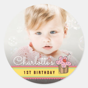 Rond Sticker photo Sweet Cherry rose Cupcake Anniversai