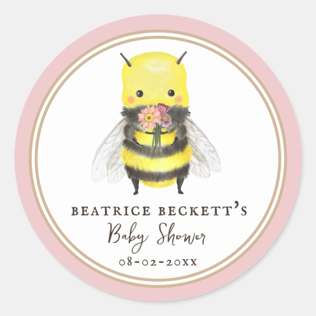 Rond Sticker pour abeille rose mignonne et Baby shower  (Devant)
