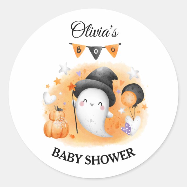 Rond Sticker pour Baby shower d'Halloween Little Boo Or (Devant)