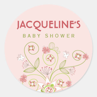 Rond Sticker pour Baby shower fille en fleurs roses Whi
