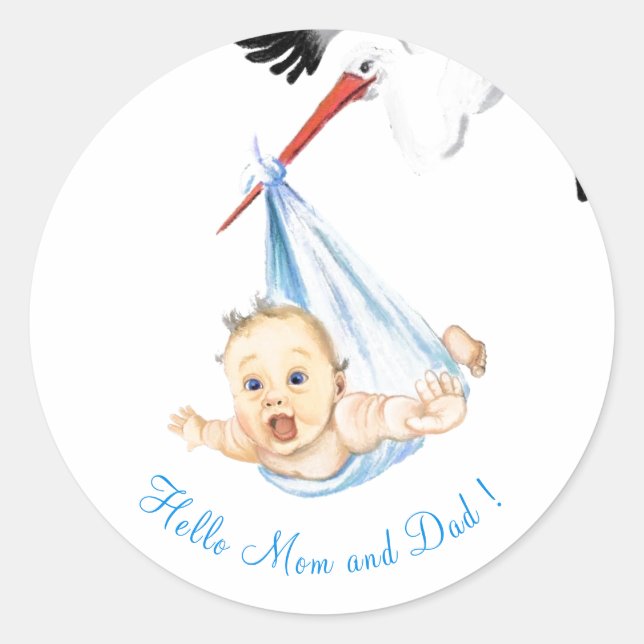 Rond Sticker pour bébé portatif de la cigogne - Texte d (Devant)