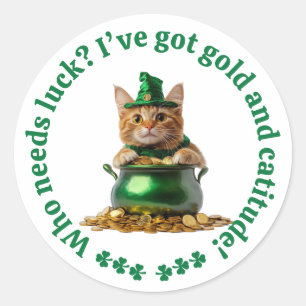 Rond Sticker pour chat de la Saint Patrick - Leprechaun