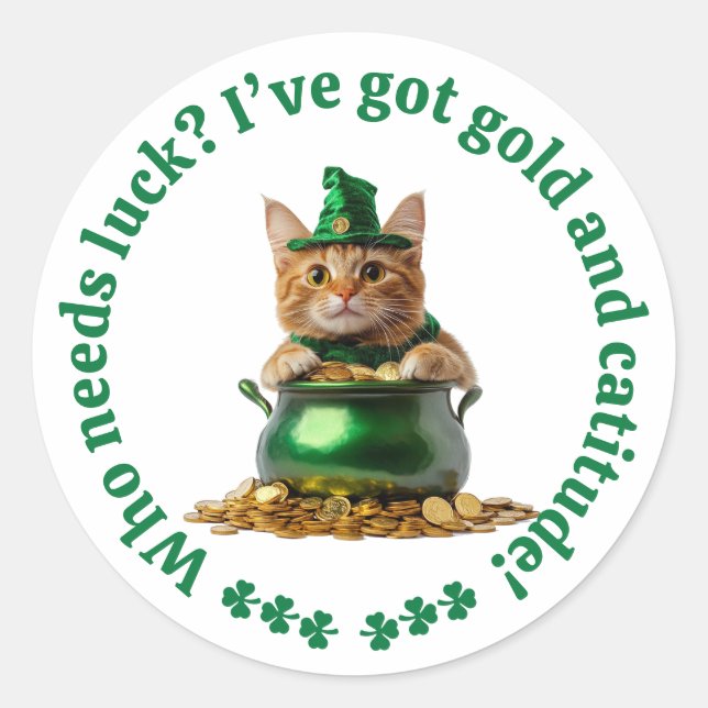 Rond Sticker pour chat de la Saint Patrick - Leprechaun (Devant)