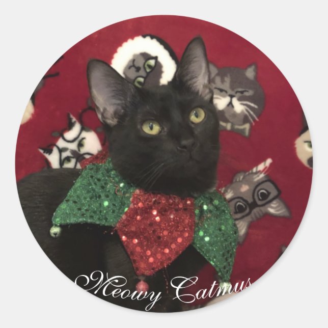 Rond Sticker pour chat de Noël Meowy Catmus (Devant)