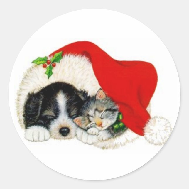 Rond Sticker pour Chiot et Chaton de Noël (Devant)