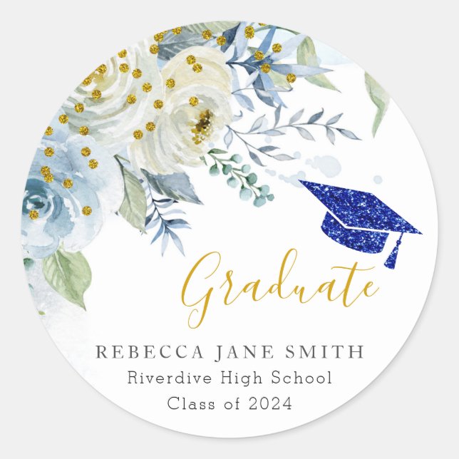 Rond Sticker pour graduation Florale Bleu Parties scint (Devant)
